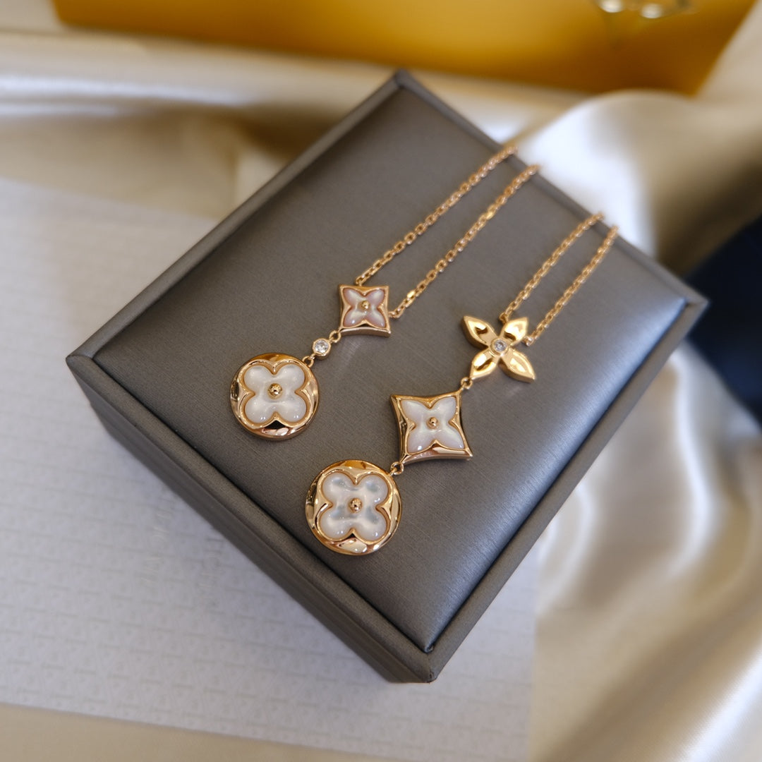 TimiCOLOR BLOSSOM LARIAT NECKLACE PINK GOLD WHITE MOTHER PEARL AND DIAMOND