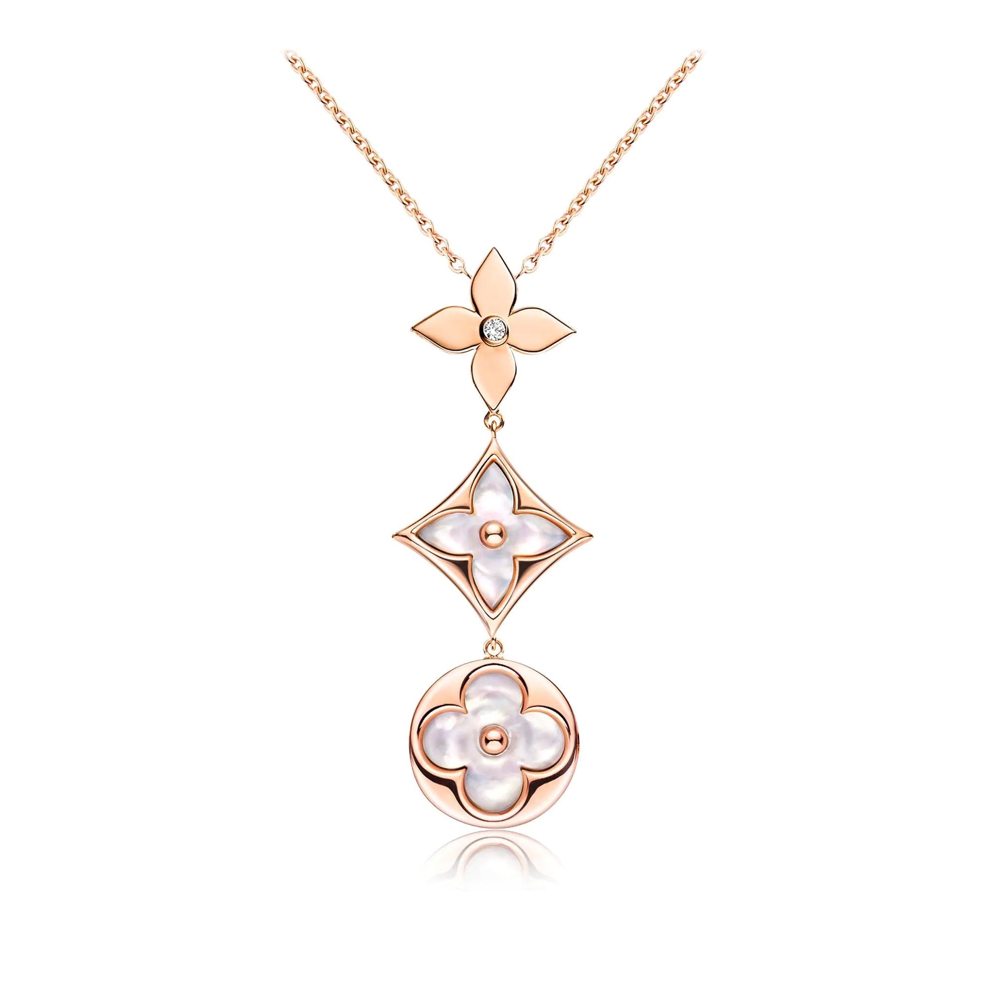TimiCOLOR BLOSSOM LARIAT NECKLACE PINK GOLD WHITE MOTHER PEARL AND DIAMOND